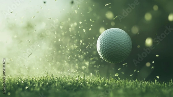 Fototapeta Golf club striking golf ball in slow motion, club face blurred, grass particles flying, out-of-focus background. Late afternoon light, dynamic sports action, high-resolution image.
