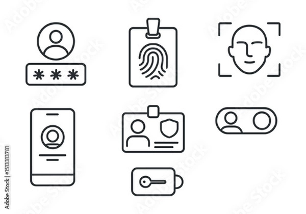 Obraz Line style icons of cybersecurity and privacy: user authentication icon, fingerprint scan badge, face recognition panel, login with biometrics screen, secure identity card, personal validation toggle