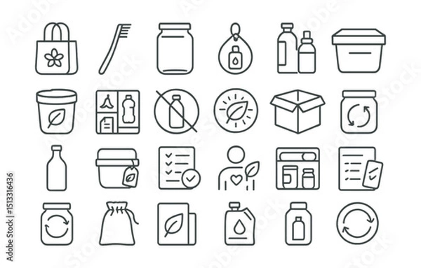 Obraz Line style icons of sustainable consumption and zero waste: reusable bag icon, bamboo toothbrush, zero waste jar, refill station tag, bulk shopping tile, compost bin icon, waste separation chart, no