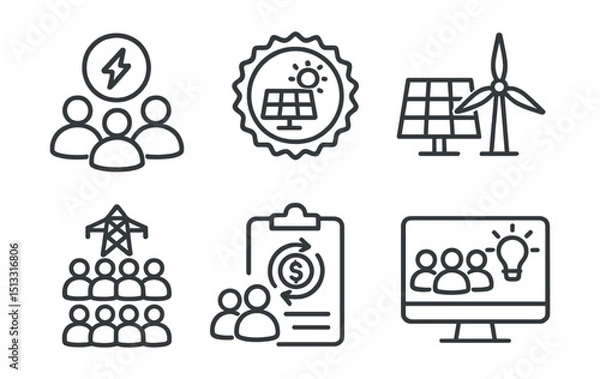 Obraz Line style icons of sustainable energy: energy community icon, shared solar badge, co-owned turbine panel, community grid symbol, group investment tracker, citizen energy initiative screen.