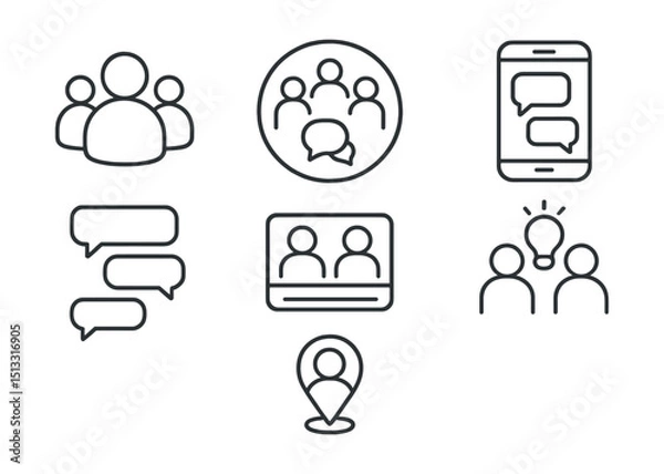 Obraz Line style icons of social media: group chat icon, discussion circle badge, comment exchange screen, message thread layout, debate in feed symbol, social idea sharing, chat pin icon.