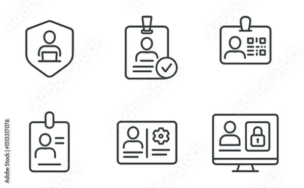 Obraz Line style icons of remote work: remote work badge icon, verified remote worker symbol, work pass QR code, digital ID tag, role-based profile card, authorized access screen, team credentials board.