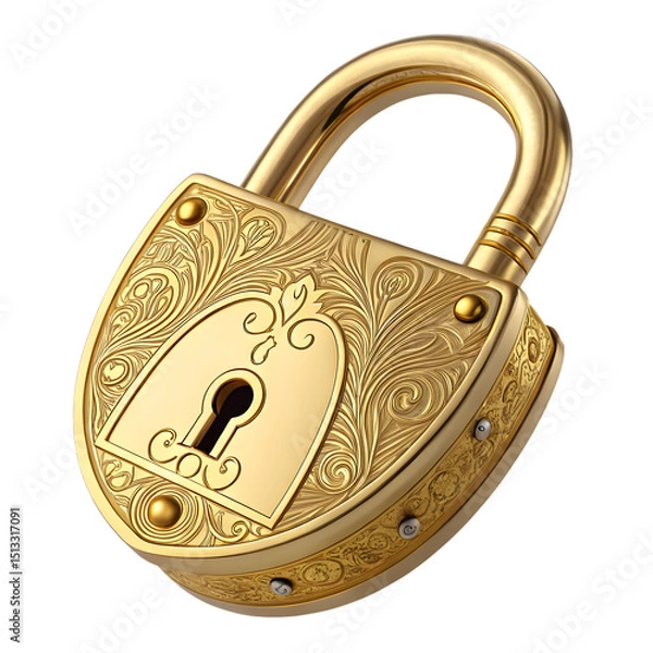 Obraz Golden padlock front view isolated on transparent background
