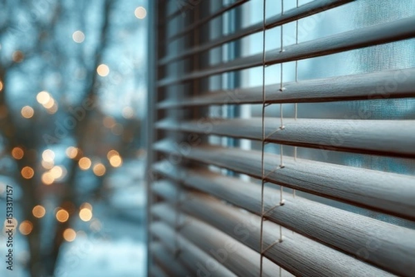 Fototapeta Window blinds with blurred winter scenery and festive lights in the background