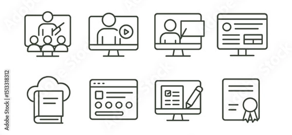Fototapeta Line style icons of digital education: virtual classroom icon, video lesson, shared screen, learning management system, online quiz, cloud textbook, remote test, digital certificate.