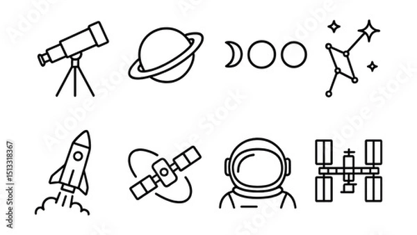 Obraz Line style icons of astronomy and space: telescope, planet ring, moon phases, star constellation, rocket launch, satellite in orbit, astronaut helmet, space station.