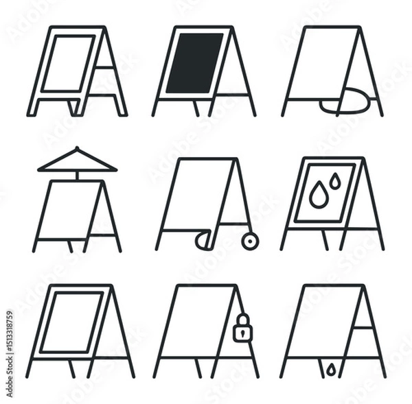 Fototapeta A-frame Sign Icons. Outline icon set of outdoor A-frame display stand: sidewalk sign, chalkboard insert, sandbag weight, umbrella