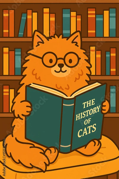 Obraz A Curious Cat Reading a Book About Cat History