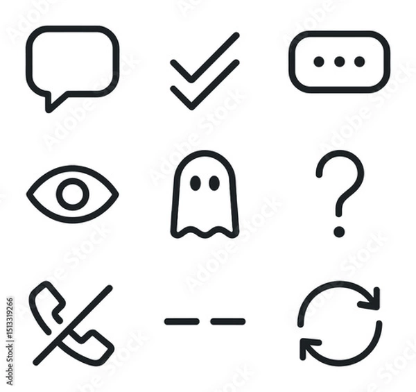 Obraz Communication Icons Grid. Outline icon set of communication and ghosting behaviors: chat bubble, read receipt, typing indicator,