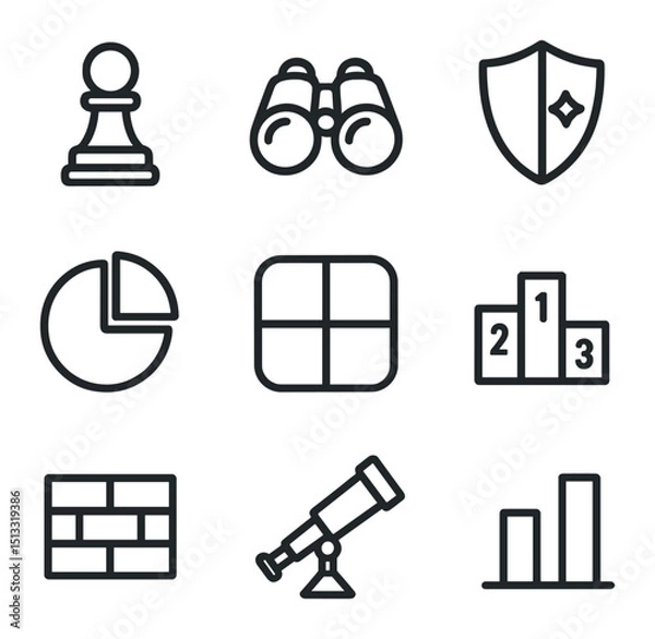 Obraz Competitive Analysis Icons. Outline icon set of competitor landscape: chess pawn, magnifying binoculars, rival shield, market