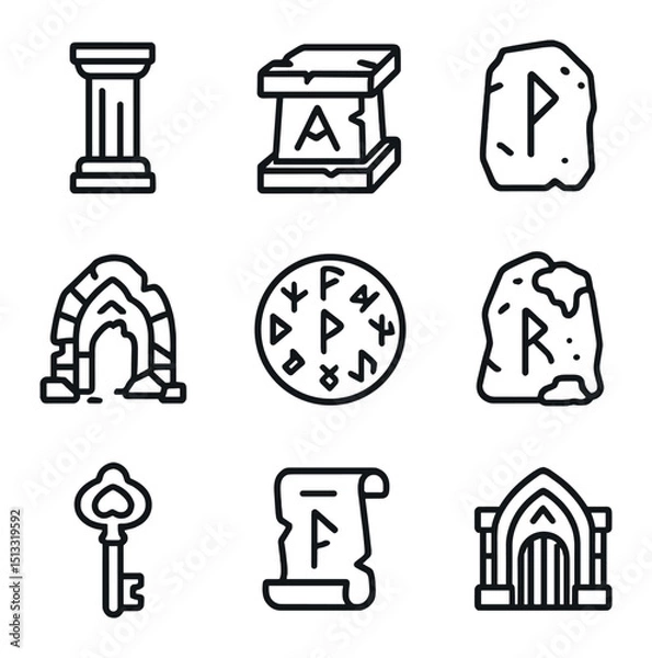 Fototapeta Arcane Runes Icon Set. Outline icon set of arcane runes and ruins: stone pillar, broken altar, rune tablet, shattered arch, glyph