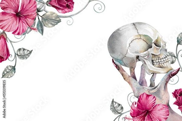Fototapeta terrifying human skull in scary hand painted watercolor illustration. Isolated on white horrible rectangular frame with dark pink hibiscus flower for Gothic halloween design, card, invitation template