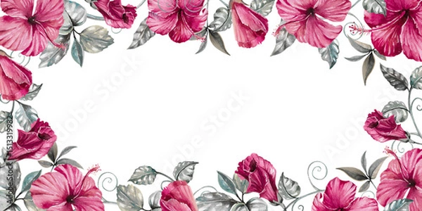 Obraz Hibiscus dark pink flowers, gray silver leaves and branches and liana hand drawn watercolor illustration isolated on white. Bright rectangular frame template for gloomy designs, cards, invitations