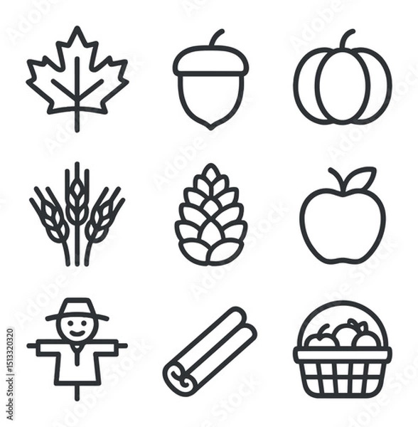 Fototapeta Autumn Icons Grid. Outline icon set of autumn harvest patchwork blanket: maple leaf, acorn, pumpkin, wheat sheaf, pinecone, apple,