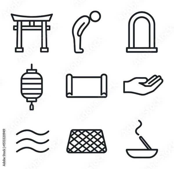 Obraz Cultural Greeting Icons. Outline icon set of cultural greeting ceremonies: temple gate, bowing person, door arch, lantern, scroll