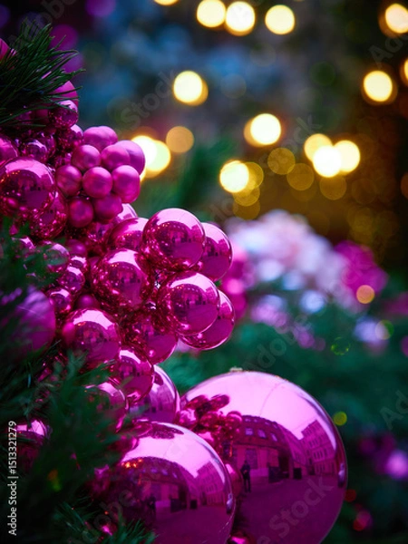 Fototapeta Christmas card with a tree, large pink Christmas balls and bright lanterns