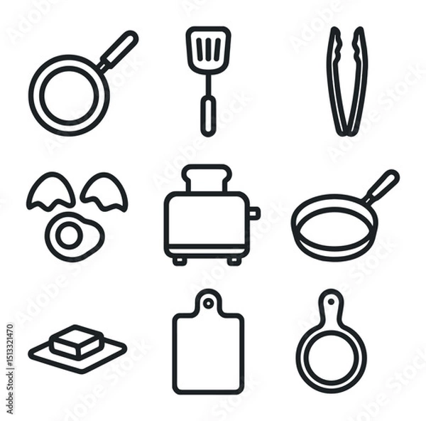 Fototapeta Breakfast Tools Icons. Outline icon set of breakfast cooking tools: frying pan, spatula flip, tongs grip, egg cracked, toaster