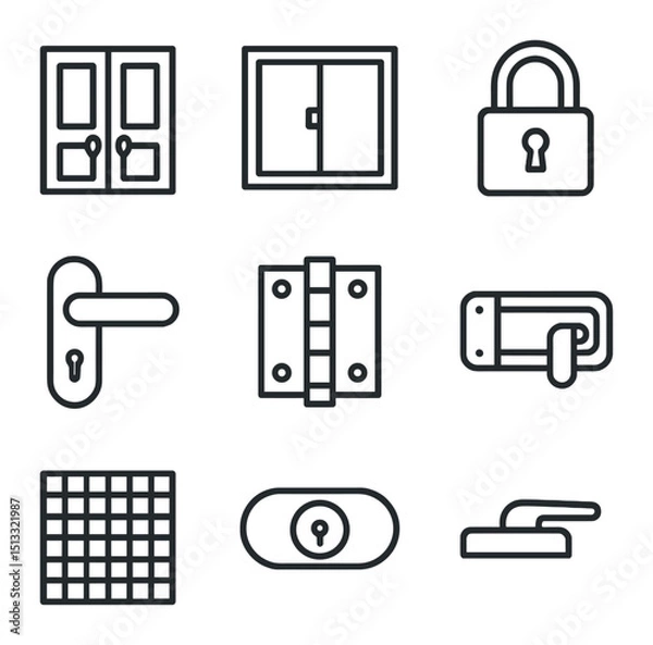 Obraz Door and Window Icons. Outline icon set of door and window fittings: double door, sliding window, padlock, door handle, hinge,