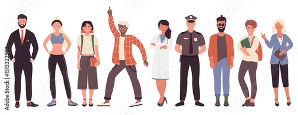 Obraz Different job or hobby people vector illustration set. Cartoon flat collection with man woman worker group of characters in uniform, businessman policeman doctor fitness trainer isolated on white