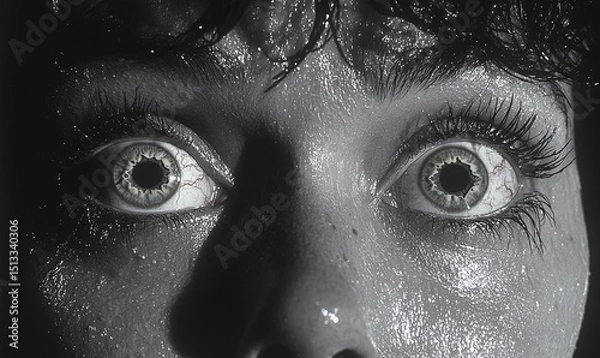 Obraz Close Up Of Wide Gray Eyes Displaying Fear And Shock, Glitter Texture, Black And White