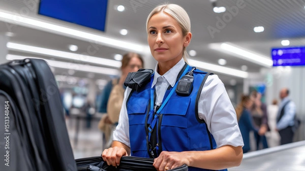 Fototapeta Airport security officer inspecting luggage on conveyor belt for safety and security