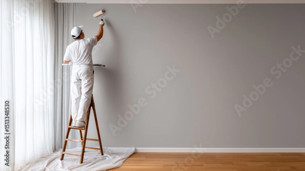 Fototapeta Professional painter painting a gray wall with a paint roller