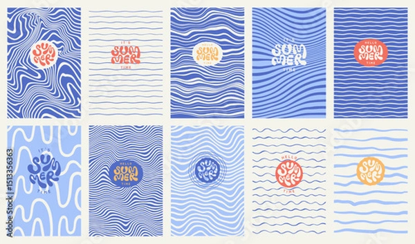 Fototapeta Sea ripples water waves marine summer backgrounds set. Uneven deformed hand drawn blue wavy organic doodle curved winding lines, stripes rectangle patterns. Hello it's summer time hand lettering. 