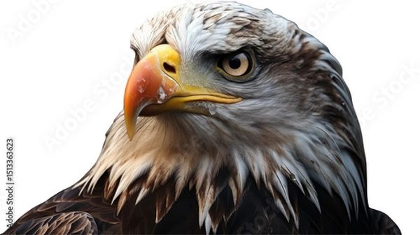 Fototapeta Detailed bald eagle closeup with flag, powerful bird portrait, wildlife nature image, American national symbol feathers, isolated on transparent background.