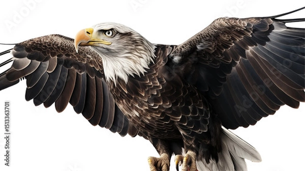 Fototapeta Bald eagle soaring with flag, wings spread wide, freedom symbol in sky, patriotic USA wildlife nature image, isolated on transparent background.