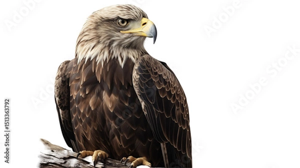 Fototapeta Brown eagle perched on branch, powerful wings displayed, wildlife nature image, American freedom symbol bird portrait, isolated on transparent background.