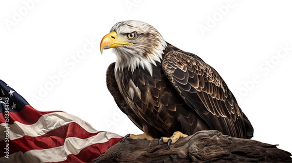 Fototapeta Bald eagle with American flag, patriotism and freedom symbol, proud national emblem, powerful wildlife nature portrait, isolated on transparent background.