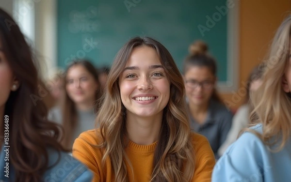 Obraz Happy college student going on lecture with her friends and looking at camera. High quality