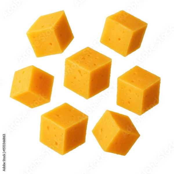 Fototapeta Cubed orange cheese floating with transparent white background