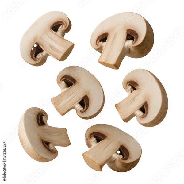 Fototapeta Sliced mushrooms floating on transparent white background