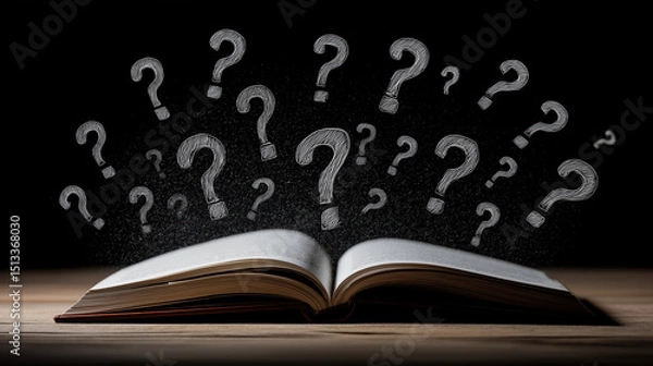 Fototapeta Open book with floating question marks against a dark background on a wooden table