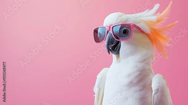 Obraz Funny white cockatoo parrot wearing stylish sunglasses on solid pink background, tropical summer vacation concept with cute pet bird, perfect for web banners, birthday party cards, and fun animal invi