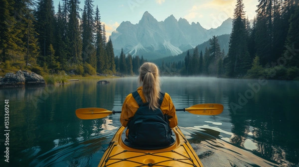 Fototapeta Woman in a yellow jacket with a backpack paddles a yellow kayak on a still mountain lake surrounded by pine forest and alpine peaks under soft morning light and calm reflections