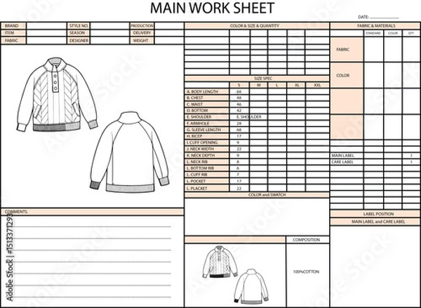 Fototapeta RAGLAN HIGH-NECK LONG SLEEVE FRONT PART DESIGN SPEC SHEET ILLUSTRATION FOR FASHION DESIGN