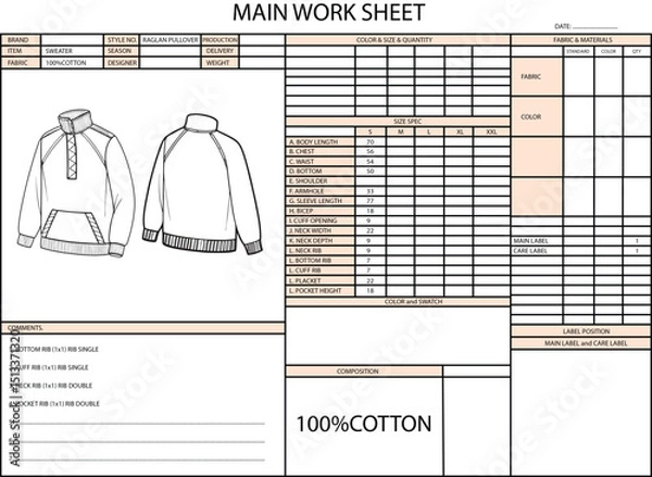 Fototapeta RAGLAN HIGH-NECK LONG SLEEVE KANGAROO POCKET SPEC SHEET ILLUSTRATION FOR FASHION DESIGN