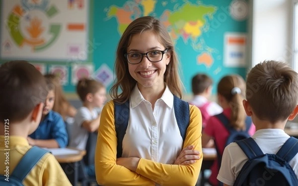 Obraz Happy elementary school teacher in classroom looking at camera. High quality