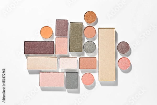 Fototapeta Beautiful eyeshadow refill pans on white background, flat lay
