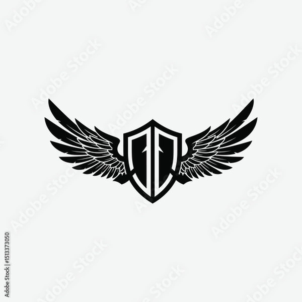 Fototapeta Stylized black and white logo with shield and symmetrical wings. A modern, bold emblem symbolizing strength, protection, and freedom with a clean, striking design.