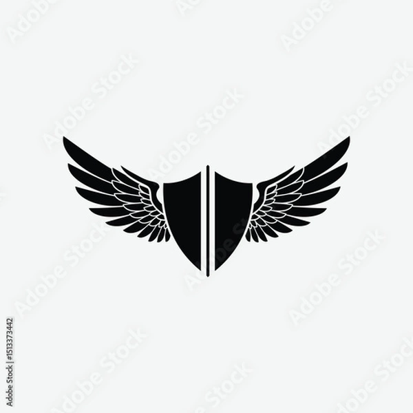 Fototapeta Stylized black and white logo with shield and symmetrical wings. A modern, bold emblem symbolizing strength, protection, and freedom with a clean, striking design.