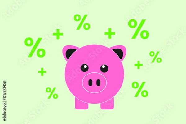 Obraz Cute piggy bank with percent sign and plus symbol. Concept of saving, interest growth and banking.