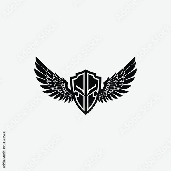 Fototapeta Stylized black and white logo with shield and symmetrical wings. A modern, bold emblem symbolizing strength, protection, and freedom with a clean, striking design.