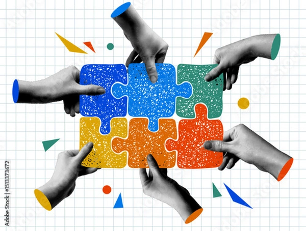 Fototapeta Concept of team building, teamwork. Halftone hands connect a puzzle in doodle style. Modern collage. Team, partnership metaphor. People connecting jigsaw puzzle elements. Pop art infographic