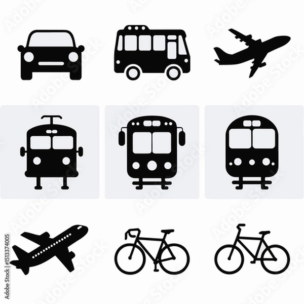 Obraz Black silhouette transportation icons illustrating various modes of travel on white