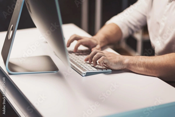 Fototapeta Engaging in creative tasks at a modern workstation with sleek design and an inviting atmosphere in the heart of a vibrant city