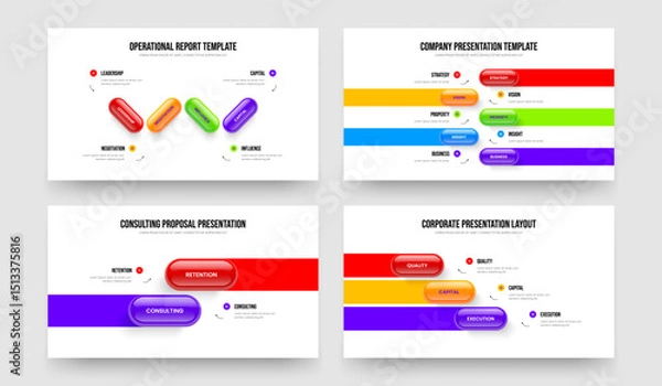 Fototapeta Service Strategy Four Five Two Three Element Infographic Presentation Layout Vector Illustration Bundle. Enterprise Visualization 4 5 2 3 Option Diagram Slide Template Set.