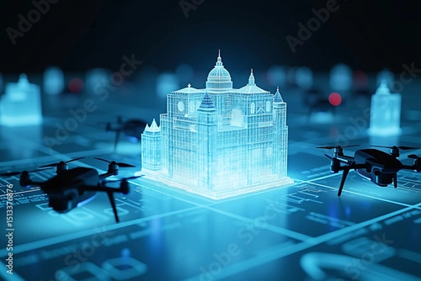 Fototapeta Tiny Drones Constructing a Floating Holographic Structure in Real Time, with Glowing Blueprints Projected in Their Field, AI-generated